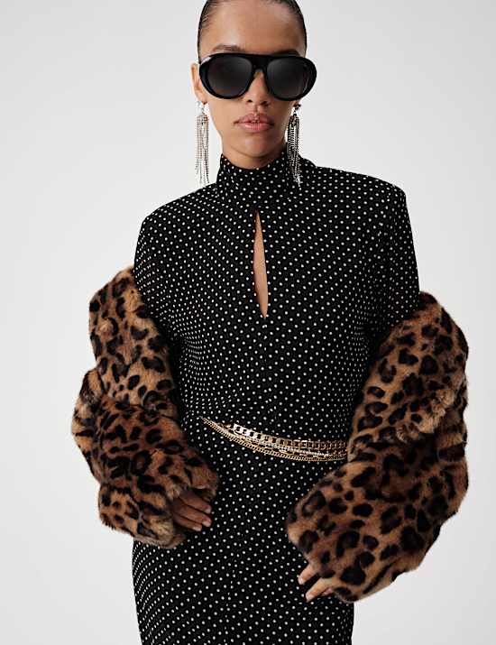 Polka Dot Funnel Neck Midi Shift Dress