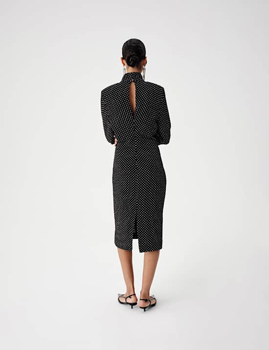 Polka Dot Funnel Neck Midi Shift Dress