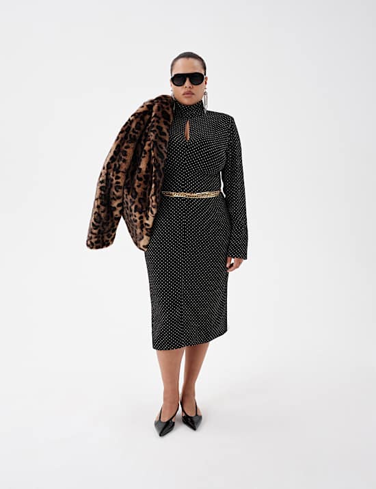 Polka Dot Funnel Neck Midi Shift Dress