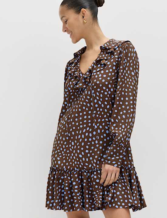 Spot Print Ruffle Mini Tiered Dress