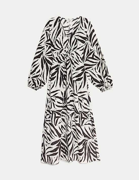 Printed V-Neck Midi Tea Dress