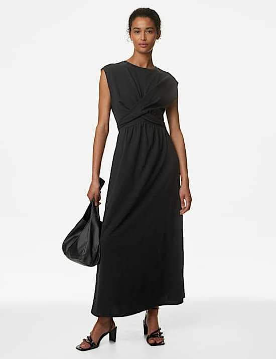 Pure Cotton Round Neck Midi Wrap Dress