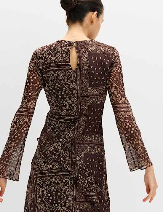 Printed Frill Detail Midi Column Dress