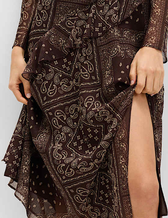 Printed Frill Detail Midi Column Dress