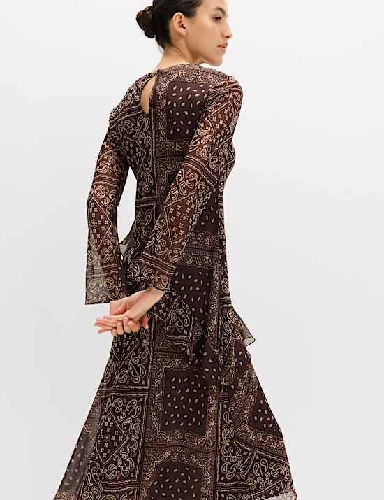 Printed Frill Detail Midi Column Dress