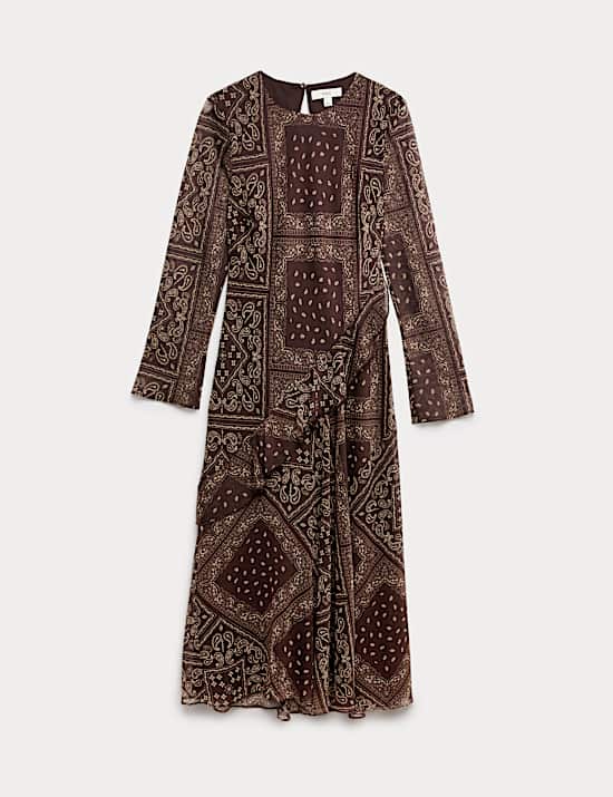 Printed Frill Detail Midi Column Dress