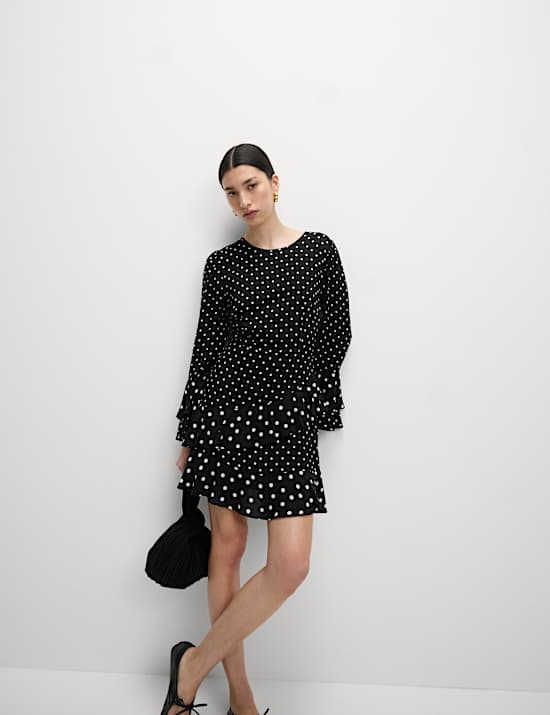 Spot Print Ruffle Mini Skater Dress