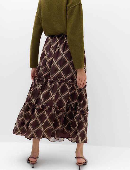 Falda midi de gasa a capas de cuadros