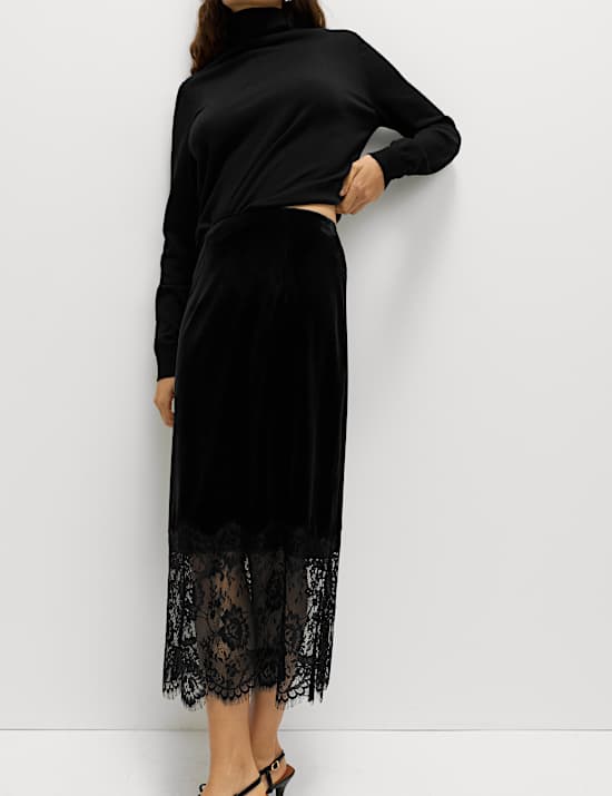 Velvet Lace Detail Midi Pencil Skirt