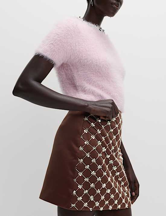 Satin Embellished Mini A-Line Skirt