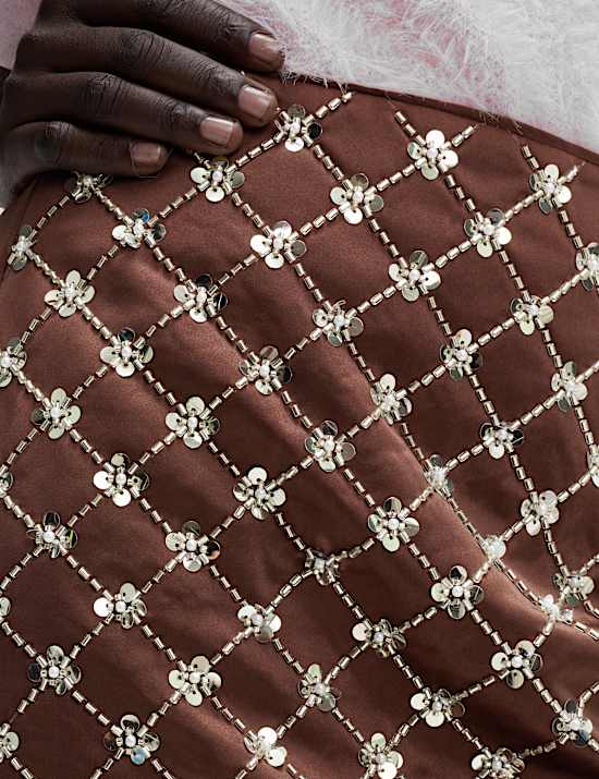 Satin Embellished Mini A-Line Skirt