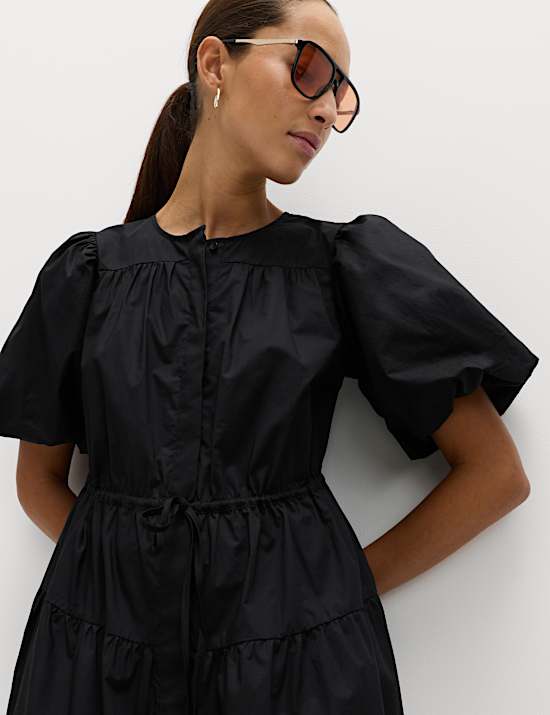 Pure Cotton Puff Sleeve Midi Waisted Dress