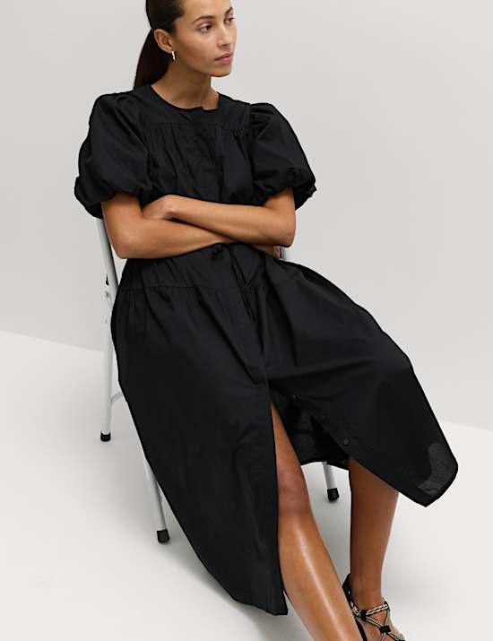 Pure Cotton Puff Sleeve Midi Waisted Dress