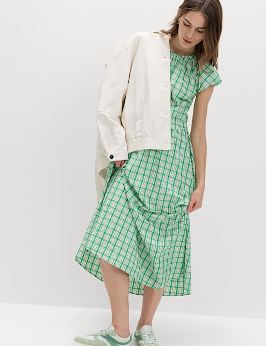 Gingham Puff Sleeve Midi Waisted Dress