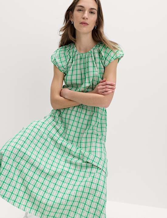 Gingham Puff Sleeve Midi Waisted Dress