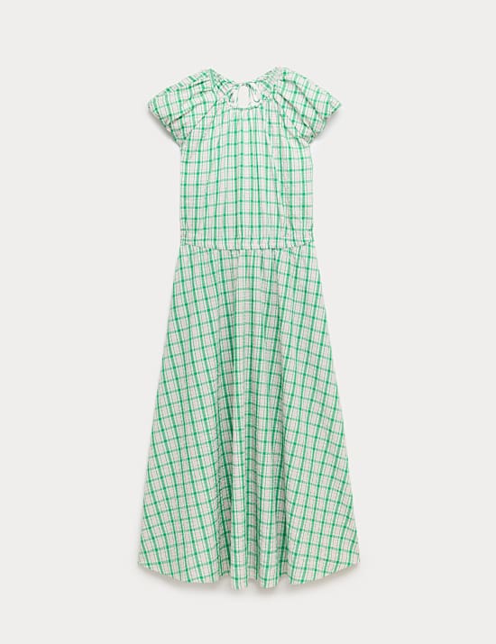 Gingham Puff Sleeve Midi Waisted Dress