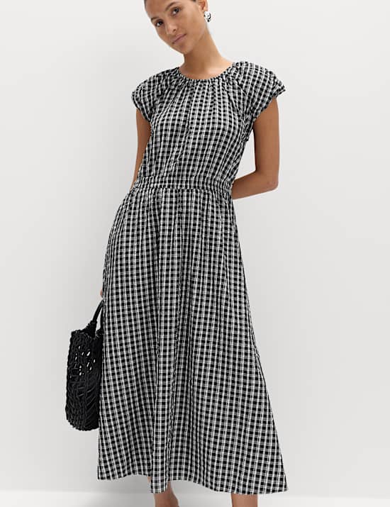 Gingham Puff Sleeve Midi Waisted Dress