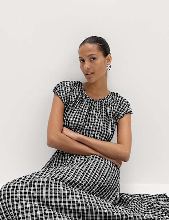 Gingham Puff Sleeve Midi Waisted Dress