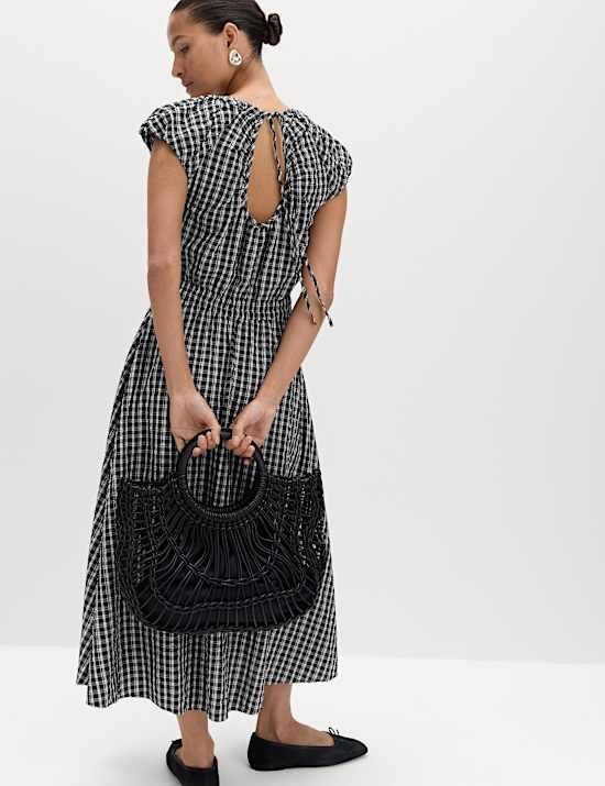 Gingham Puff Sleeve Midi Waisted Dress