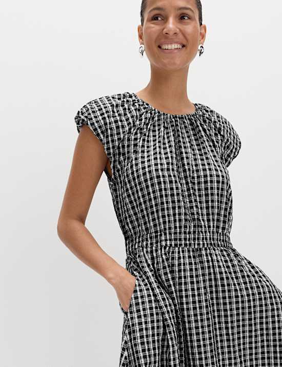 Gingham Puff Sleeve Midi Waisted Dress