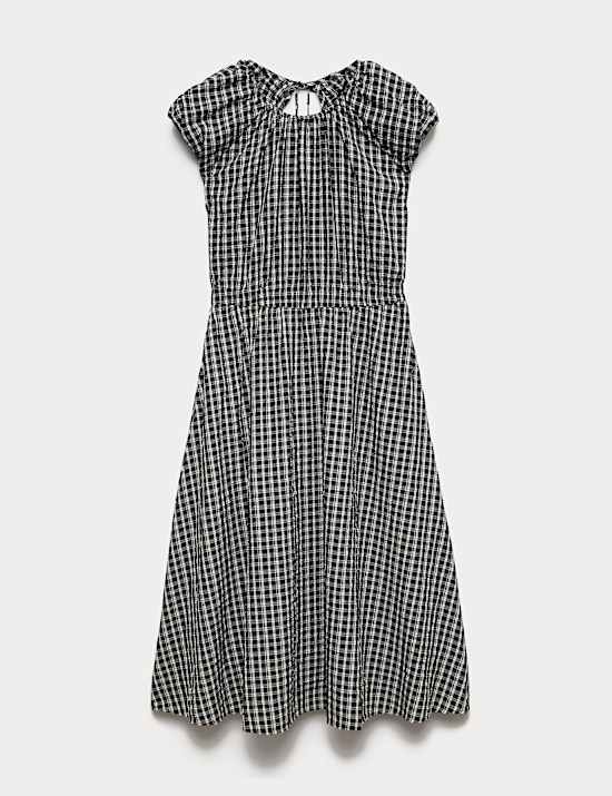 Gingham Puff Sleeve Midi Waisted Dress