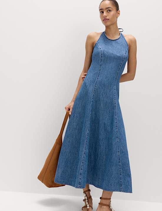 Denim Halter Neck Midi Column Dress