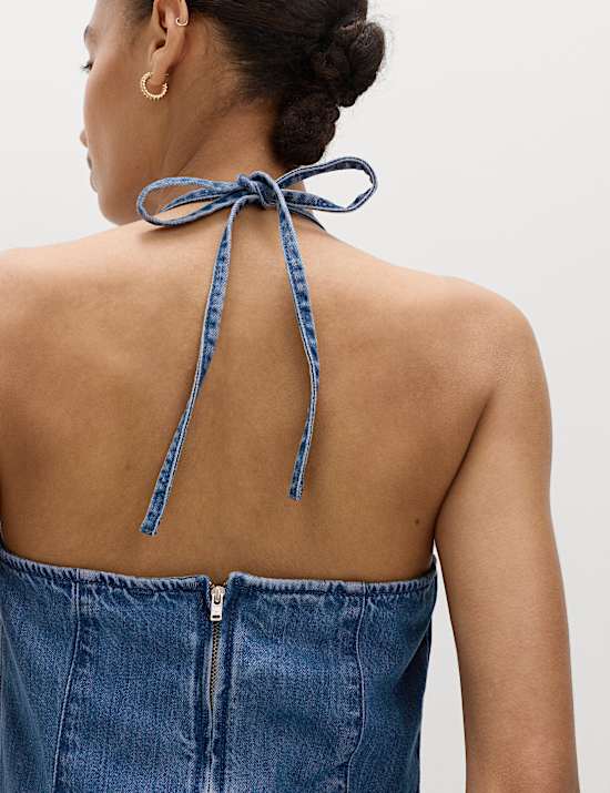 Denim Halter Neck Midi Column Dress