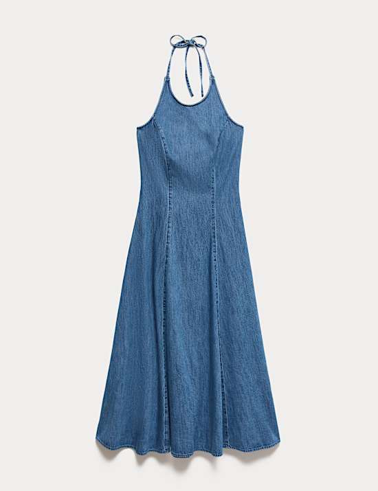 Denim Halter Neck Midi Column Dress