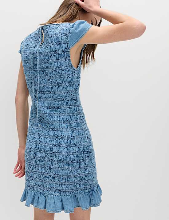 Denim Frill Hem Mini Shirred Dress