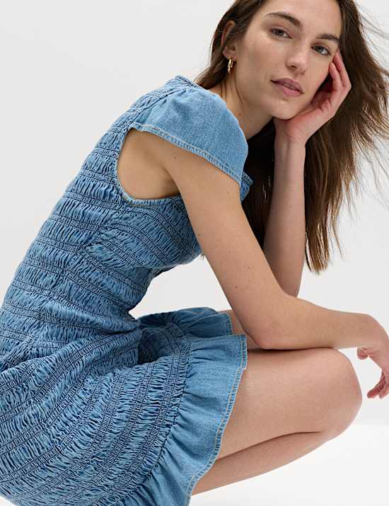 Denim Frill Hem Mini Shirred Dress