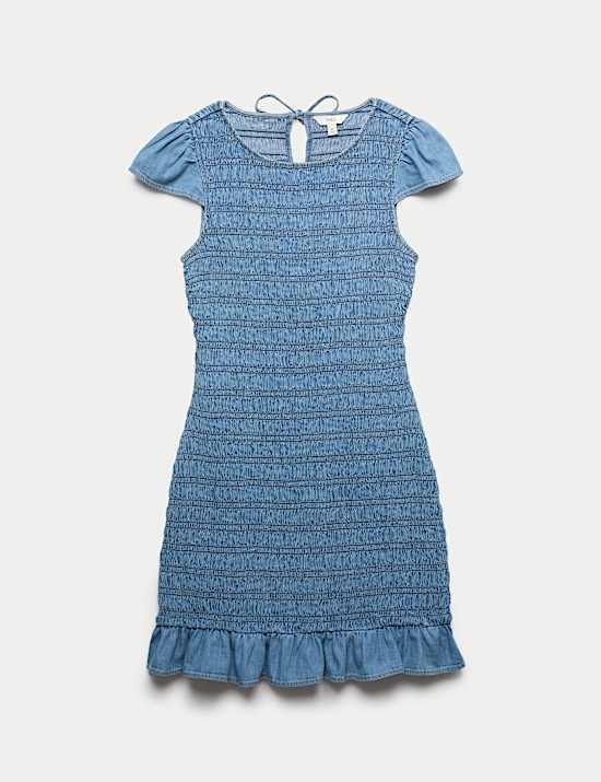 Denim Frill Hem Mini Shirred Dress