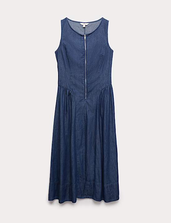 Denim Zip Up Drop Waist Midi Dress