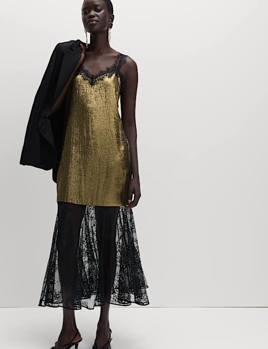 Metallic Lace Midi Slip Dress