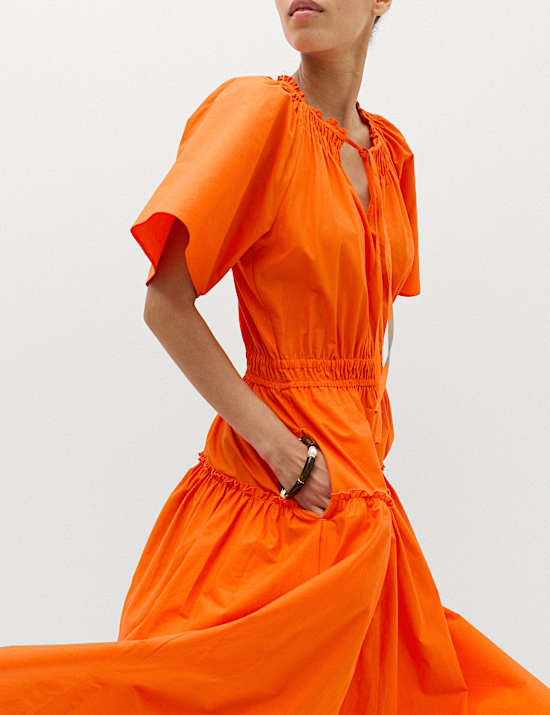 Pure Cotton Tie Neck Midi Waisted Dress