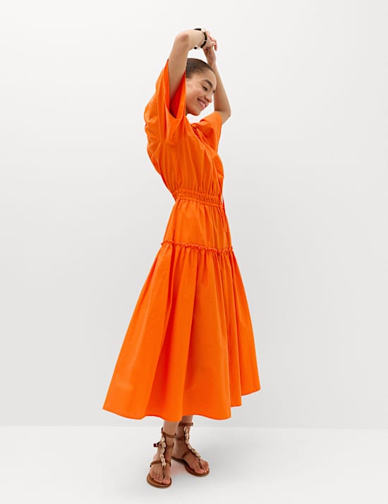 Pure Cotton Tie Neck Midi Waisted Dress