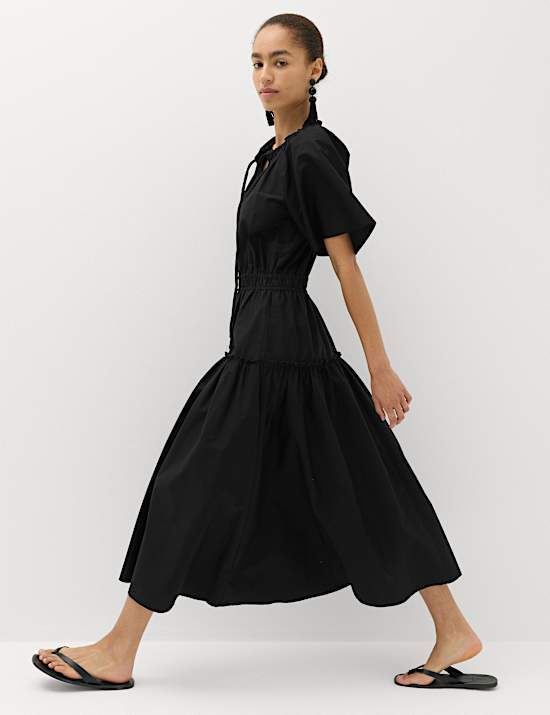 Pure Cotton Tie Neck Midi Waisted Dress