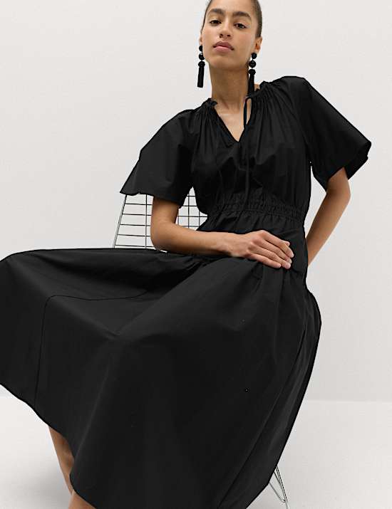 Pure Cotton Tie Neck Midi Waisted Dress
