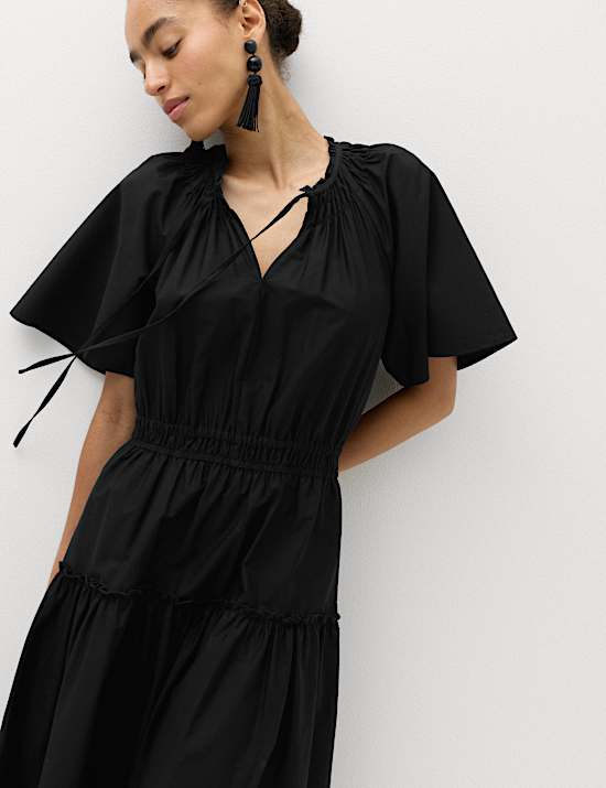 Pure Cotton Tie Neck Midi Waisted Dress