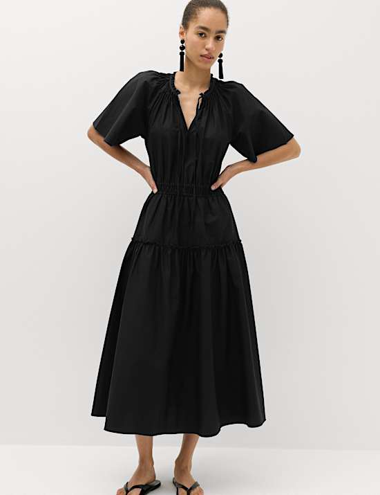 Pure Cotton Tie Neck Midi Waisted Dress