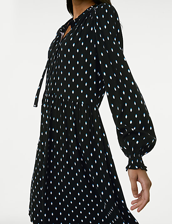 Printed Tie Neck Mini Relaxed Dress