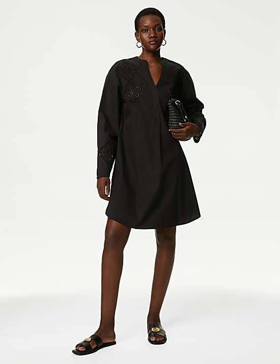 Pure Cotton V-Neck Mini Relaxed Shift Dress