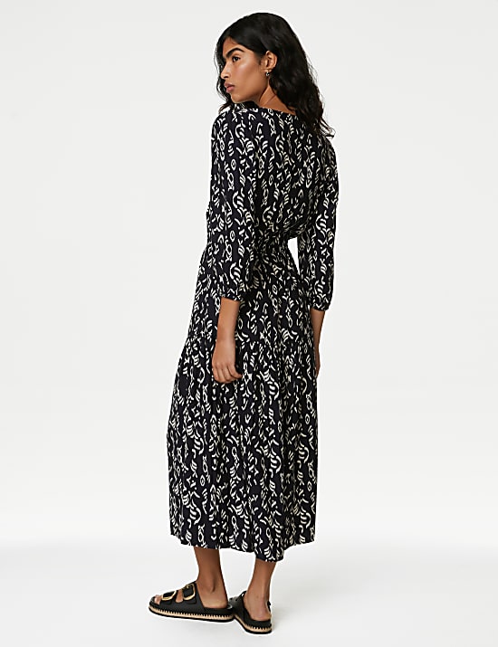 Printed Tie Neck Midi Tiered Dress