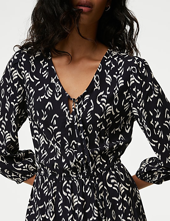 Printed Tie Neck Midi Tiered Dress