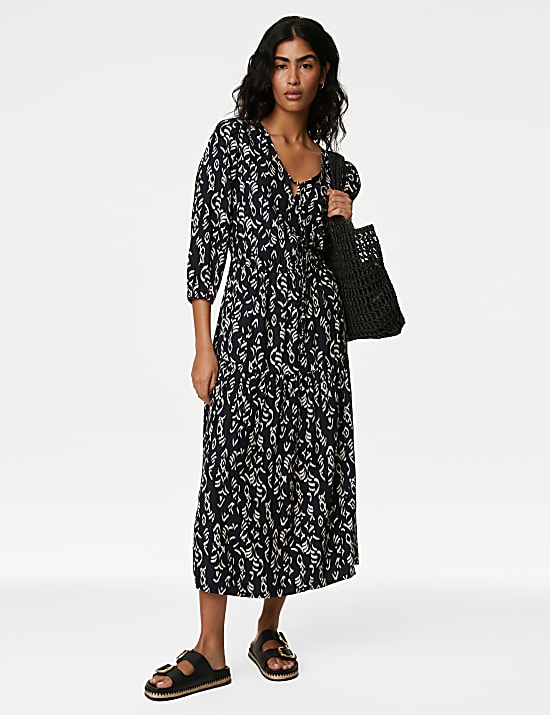Printed Tie Neck Midi Tiered Dress