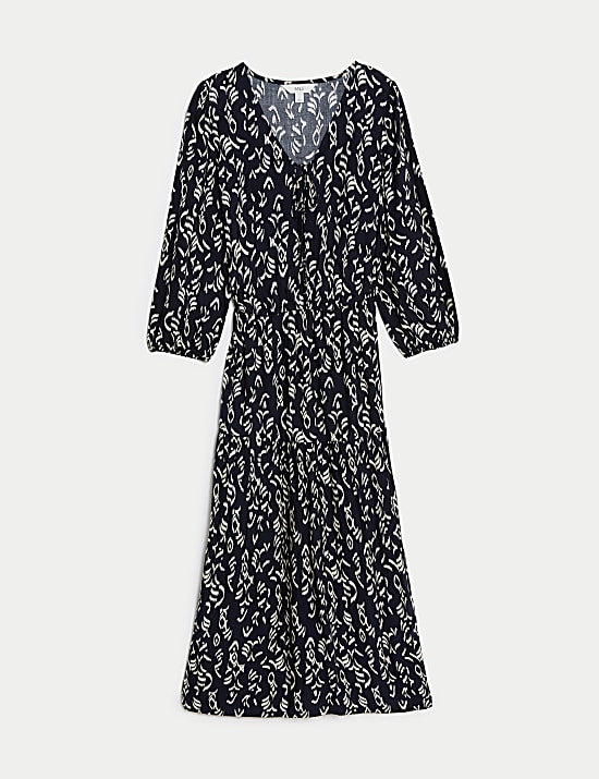 Printed Tie Neck Midi Tiered Dress