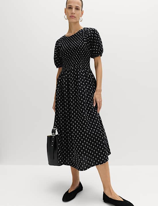 Cotton Rich Printed Puff Sleeve Midi Waisted Dress