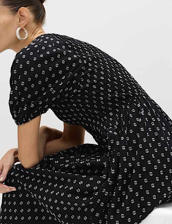 Cotton Rich Printed Puff Sleeve Midi Waisted Dress