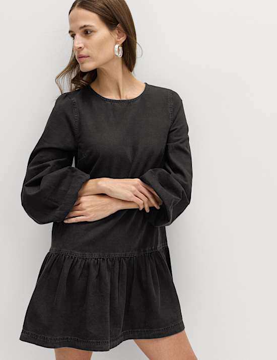 Denim-Mini-Smokkleid aus reiner Baumwolle