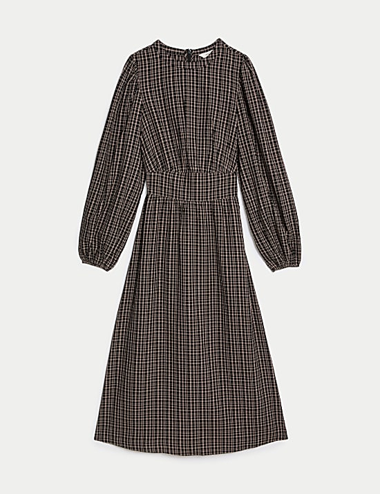 Checked Round Neck Midi Waisted Dress