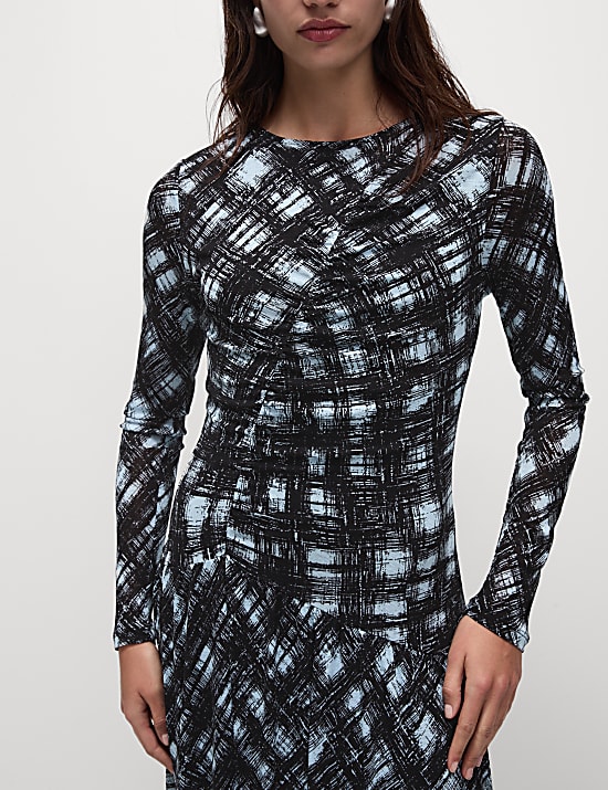 Mesh Jersey Printed Midi Skater Dress